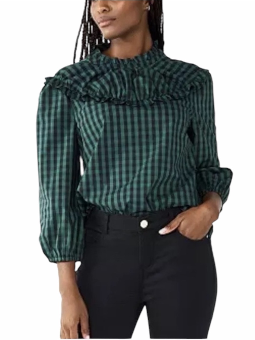 Draper James Green Black Gingham Ruffle Yoke Puff Sleeve Blouse Top XL